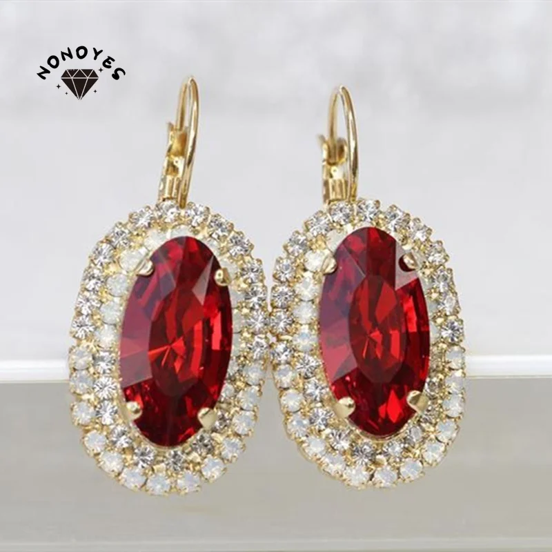 

Luxury Fashion Gold Color Earrings Inlaid Zircon Oval Red Stone Wedding Drop Earrings for Women Bridal Engagement Jewelry