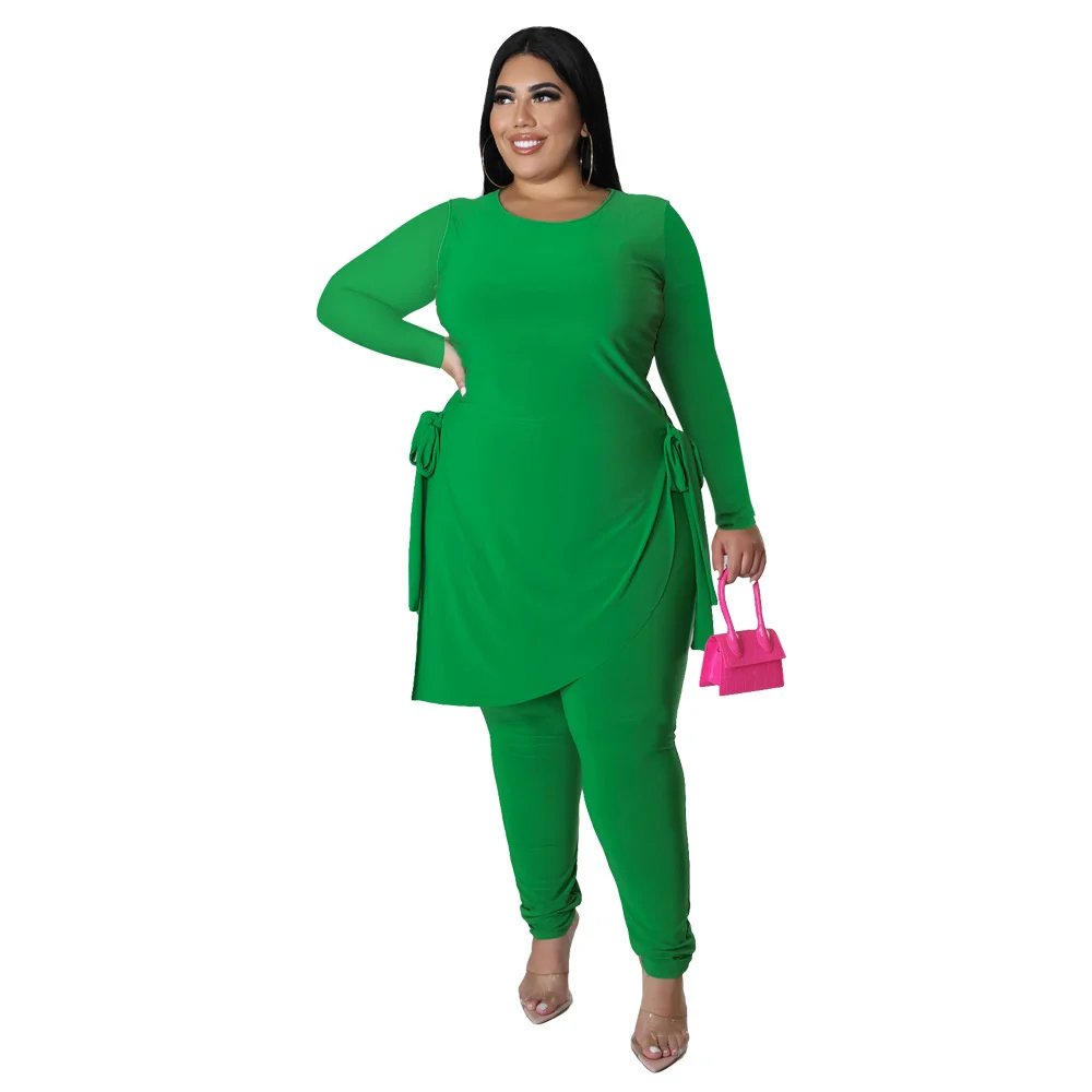 Plus Size Two-piece Set Women's Long Sleeve Solid Bandage Crew Neck Top Slip Hem Leggings Suit New Fashion Lady Casual Outfits