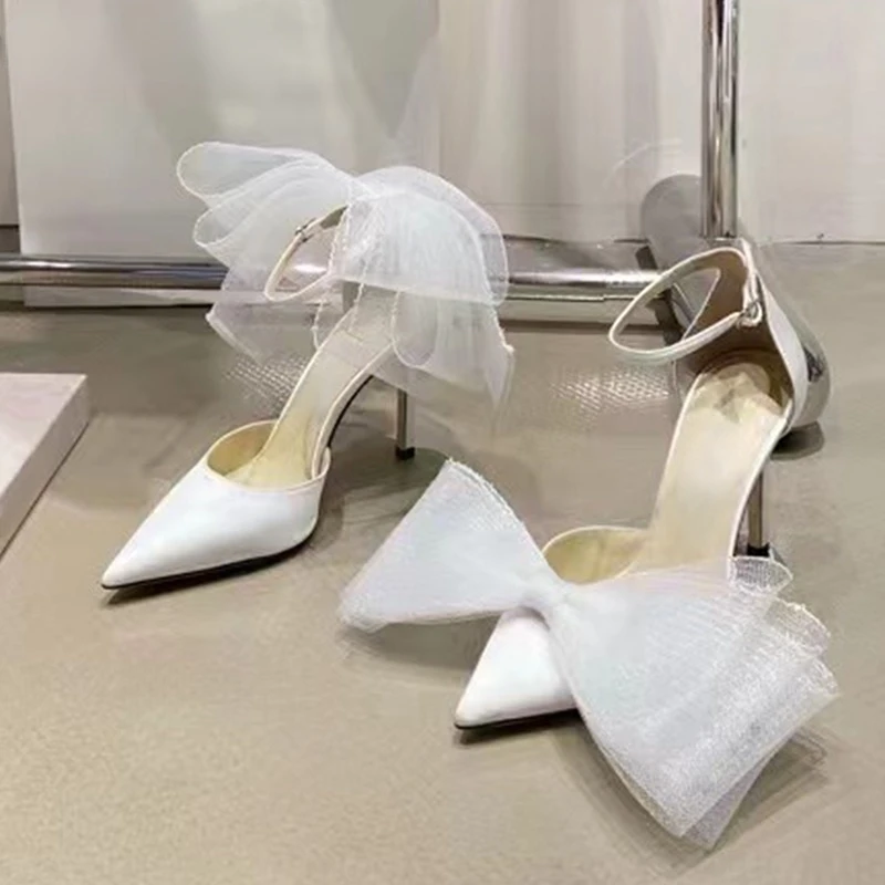 

Miaoguan Bow Sandals Luxury Shoes for Women Heel 2022 Spring Wedding Bride Pointed Toe Pumps Stiletto Large Size 43 High Heels
