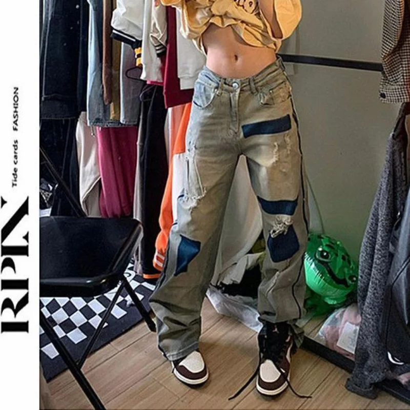 

High street vintage worn out worn out clash of colours large size jeans women design sense high waist straight trousers ins tide