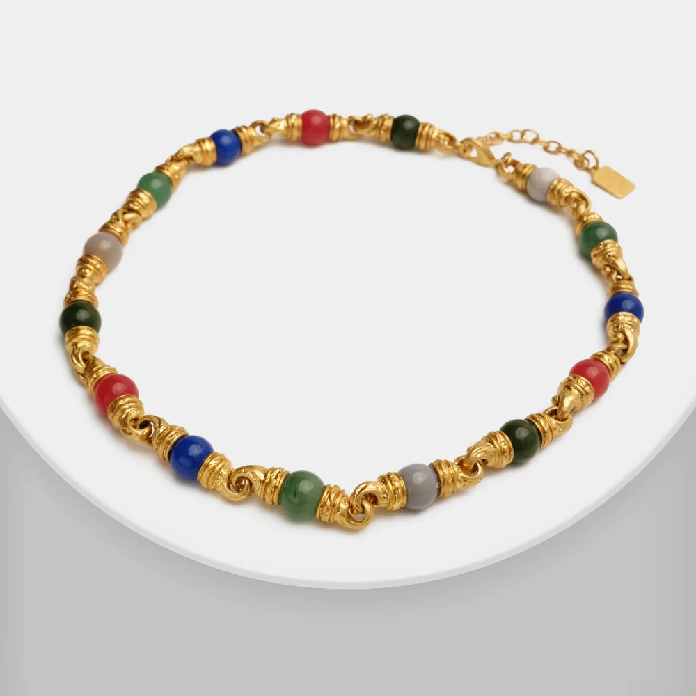 

vintage multicolor glaze patchwork gold preserving color medieval necklace