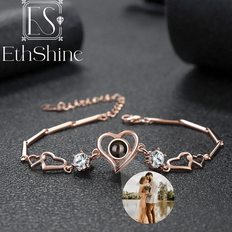 

EthShine 925 Sterling Silver Personalized Heart Photo Projection Bracelets Custom Family Gift Couple Memorial Jewelry Birthday