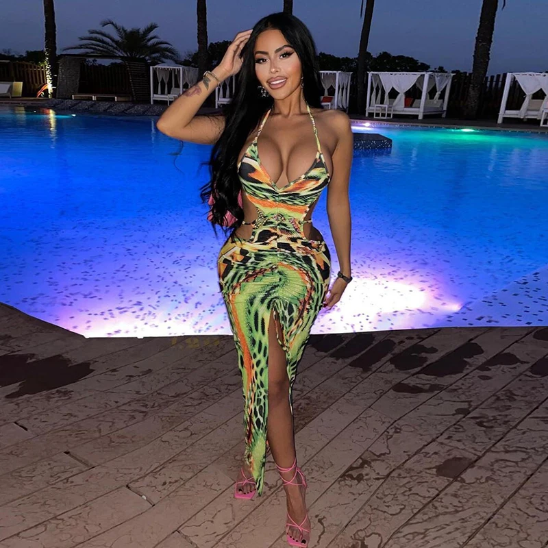 

New Summer Sexy Backless Hollow Out Halter Belt printing Shirring Maxi Dress Women 2022 Party Club Streetwear Skinny Slitdress