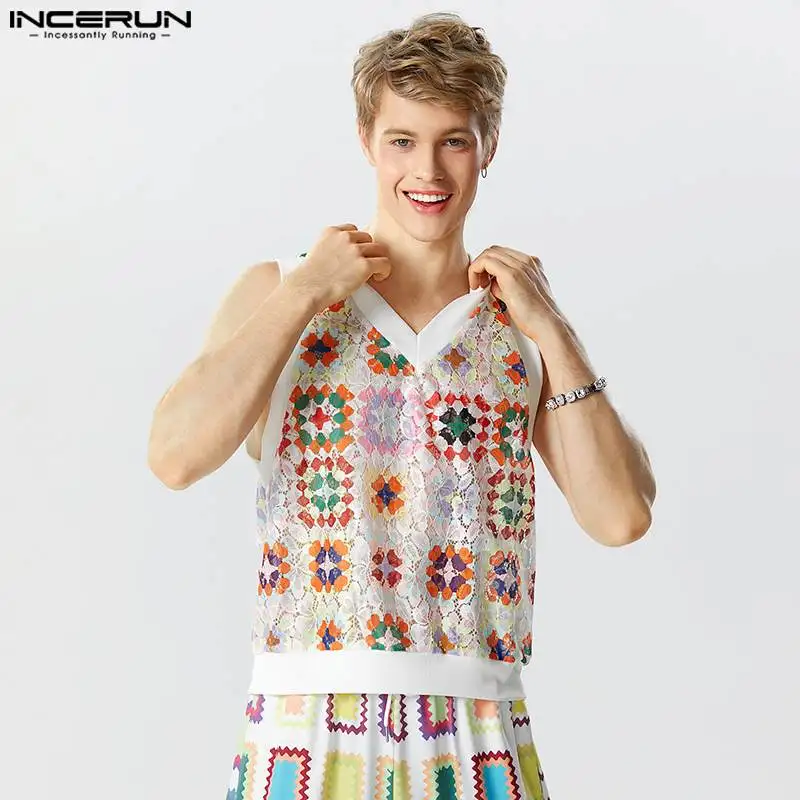 

Майка INCERUN мужская с кружевным принтом, прозрачная безрукавка с V-образным вырезом, модная уличная одежда, 2023