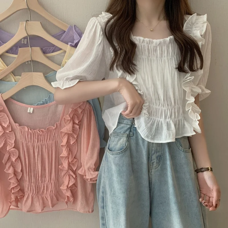 

Новинка 2021, шифоновая рубашка с оборками, короткая милая блузка, летняя модная блузка с коротким рукавом, блузка, женские топы