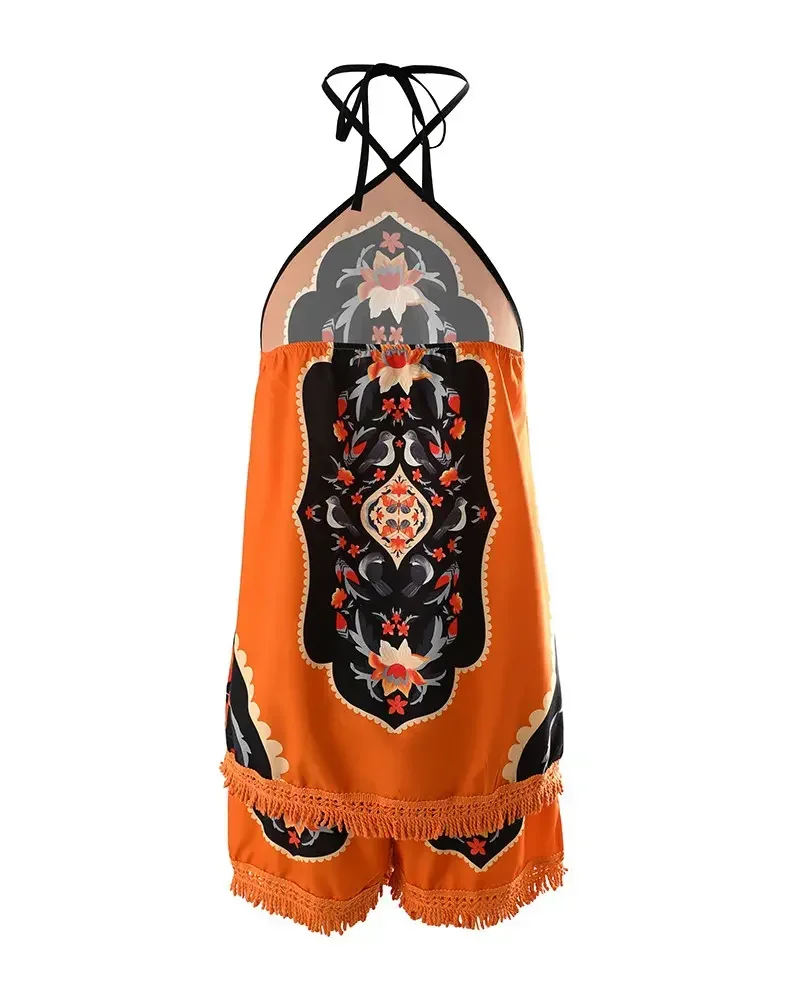 Женские наряды из двух частей. 2024 Новый. Женский племенный принт. Комплект топа с