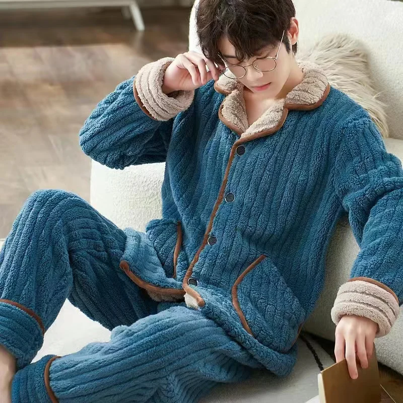 Men's Pajama Sets Winter Warm Thick 2 Piece Set Flannel Sleepwear Loose Long Sleeve Solid Color Homewear Homeclothes