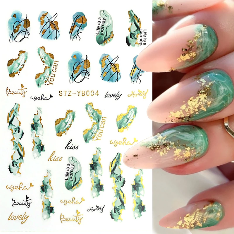 

3D Green Marble Nail Stickers Blooming Wave Sliders Gold Leaf for Nails Graffiti Lines Adhesive Decals Decoration Accessories