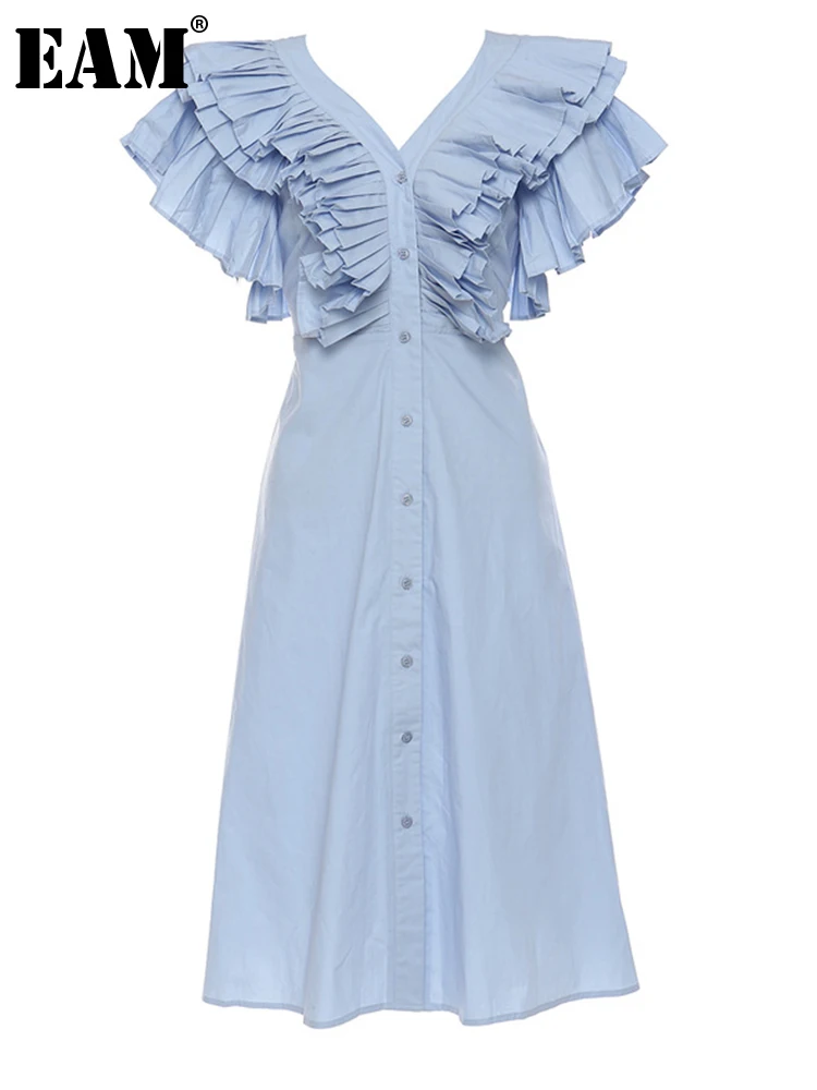

[EAM] Women Blue Pleated Button Elegant Long Dress New V-Neck Sleeveless Loose Fit Fashion Tide Spring Summer 2023 1DF5231