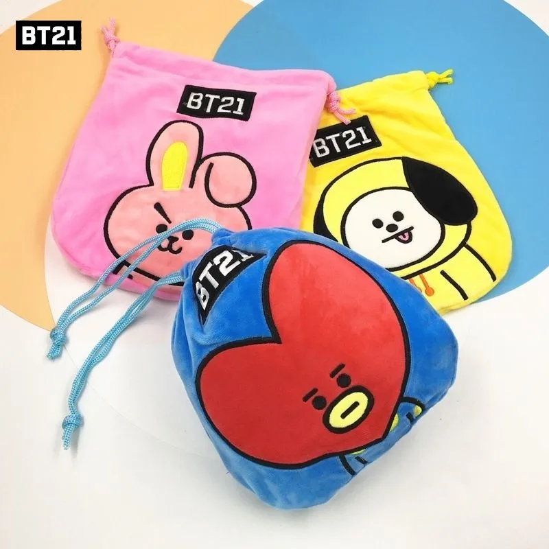 BT21 Anime Plush Drawstring Pocket Storage Cosmetic Bag Mobile phone bag Kawaii TATA COOKY Big Capacity Travel coin purse Gift