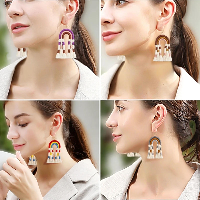 

Fashion Earrings for Women Girls Handmade Weave Rainbow Retro Unusual Hanging Set U Shape for Birthday Jewelry Gifts