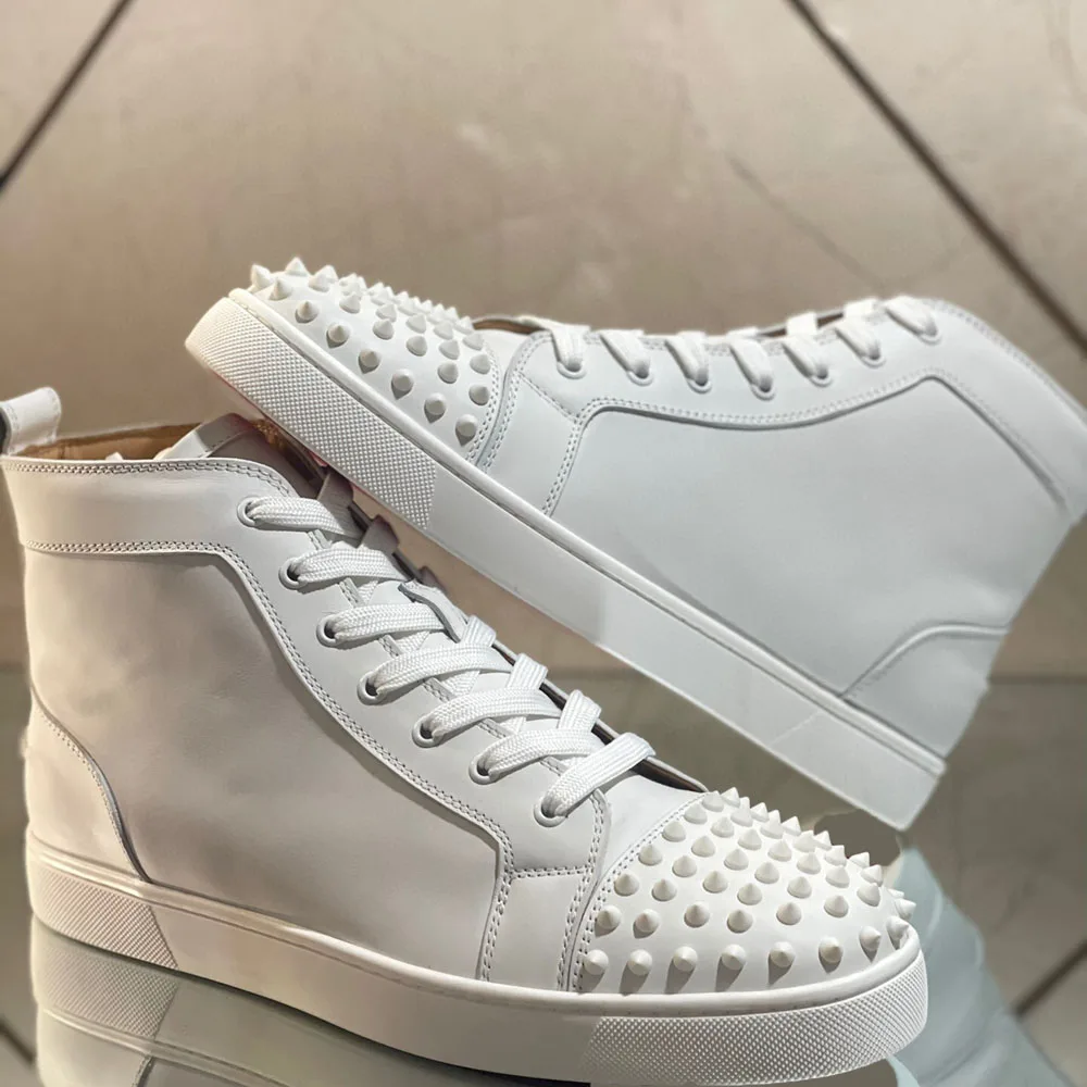 

High Top White Real Leather Red Bottom Shoes For Men Toe Studs Casual Flats Loafers Sneaker Wedding Couple Women Driving Spikes
