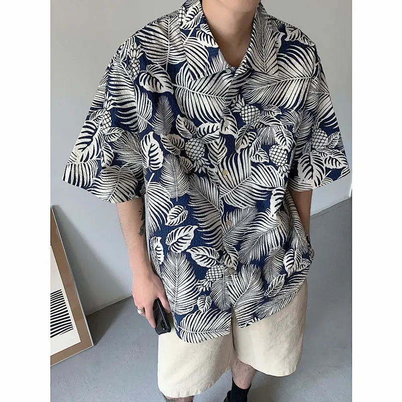 

Summer Hawaiian Style Leaf Full Print Shirt Men Short Sleeve Button Up Shirt Women Loose Couple Shirts Hong Kong Style 2022 New