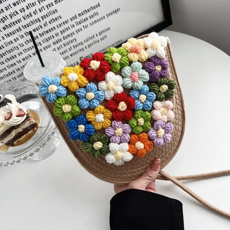 

Korean Fashion Summer Bag Women's Knitted Flowers Straw Bag Small Messenger Floral Crochet Bag Woven Crossbody Shoulder Bag