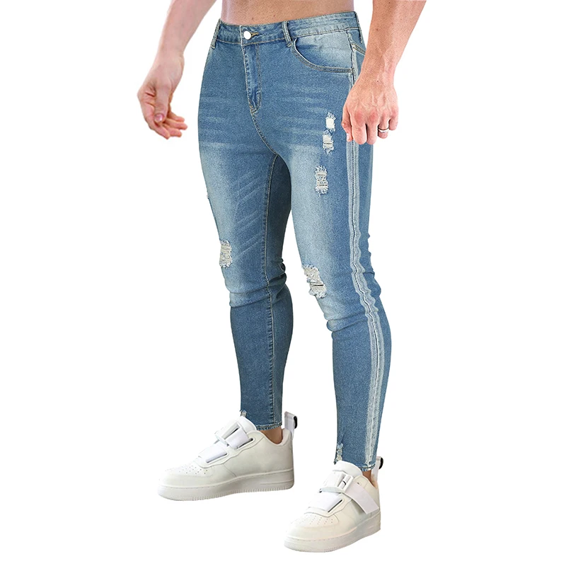 2022 European Code New Men's Solid Color Made Worn Holes Small Foot Tight Jeans Pants