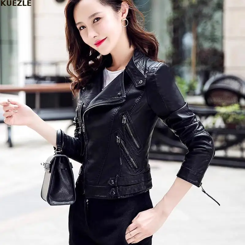 

Miss Tops Pu Leather Jacket Women New Fashion Zipper Motorcycle Coat Short Faux Leather Biker Jacket Soft Casual Jacket Female