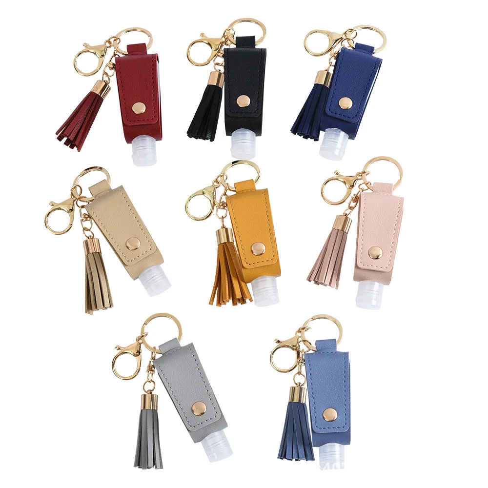 

30Ml Hand Sanitizer Holder Portable Empty Leakproof Plastic Travel Bottle with Tassels PU Leather Keychain Holder Carriers