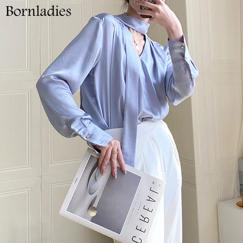 

Bornladies Stylish Chic Lapel Women Lace-up Satin Blouses 2022 Spring Fashion Full Sleeve Loose V-neck Pullover Female Shirts