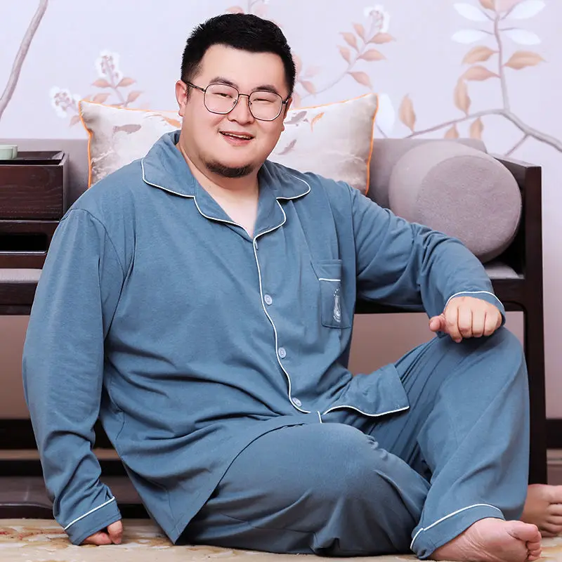 2023 Fat man age season fertilizer plus-size men printed pajamas long-sleeved pants fat loose leisurewear suit