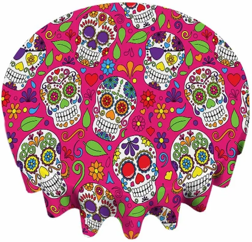 

Sugar Skull Table Cloth Round Tablecloth Day of The Dead Cartoon Indian Style Kids Table Cover for Restaurant Dining Floral
