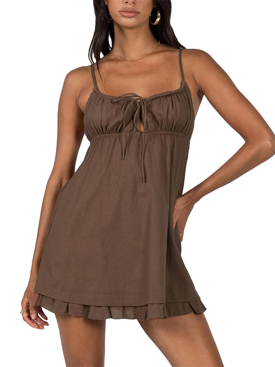 

Women s Ruched Bust Spaghetti Strap Mini Dress Sleeveless Backless Ruffle Hem A-line Dresses Bodycon Short Sundress