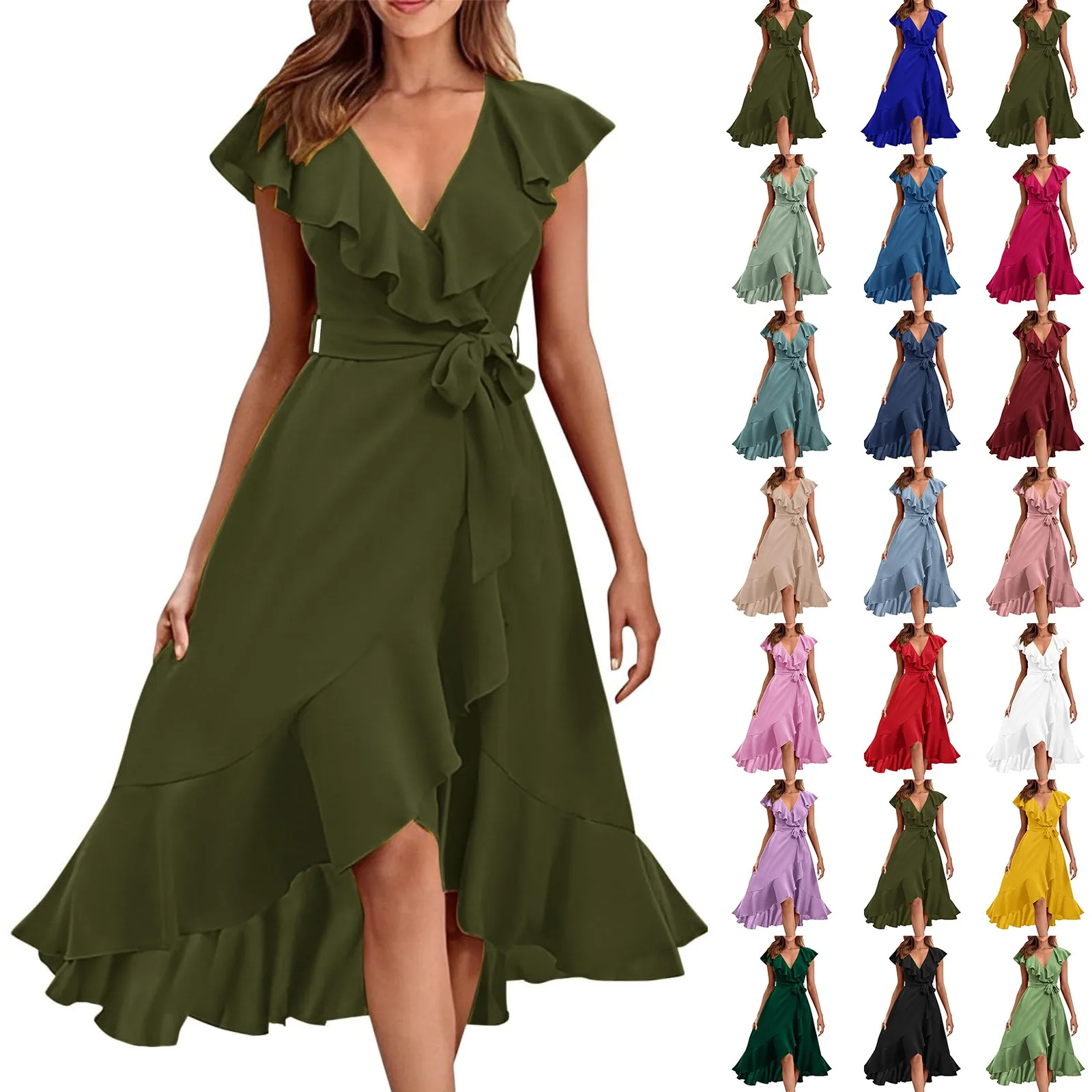 Элегантное платье с оборками строченное V-образным вырезом Женское Платье До