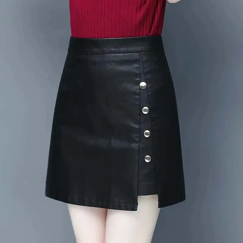 

Leather Skirt Womens Spring Autumn Fashion PU Leather High Waist Sexy One Step Skirt Woman Hip Wrap A-Line Mini Skirt Jupe Femme