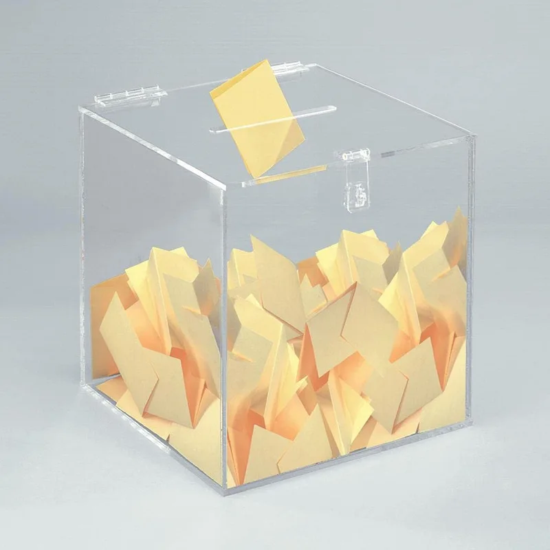 8.66inch Clear Acrylic Ballot Donation Suggestion Box Cube With Clasp Hinged Lid For Countertop Use Paper Card Storage Box