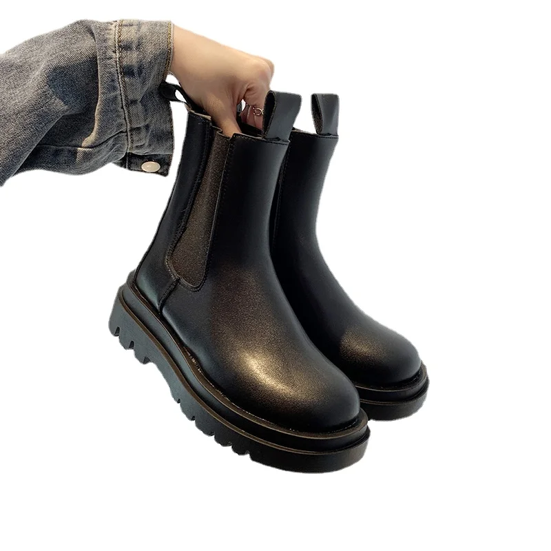 2022 Winter New Brown Women's Boots Thick-soled High-tube Wool Womens Shoes Platform Chelsea Boots High-heeled Short Boots Women