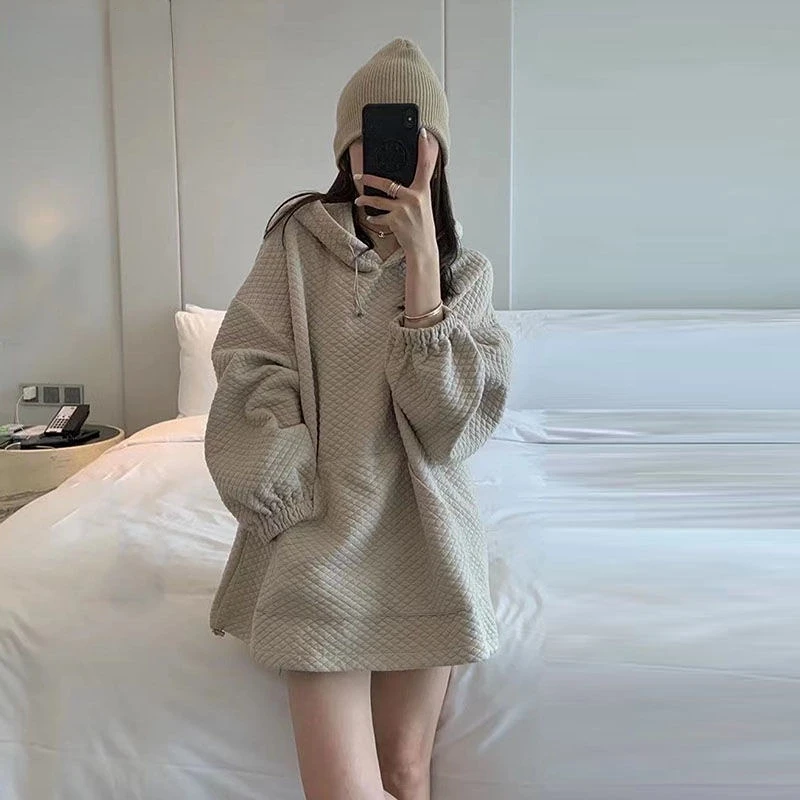 

Waffle Vintage drawstring women's Hoodie 2022 spring and autumn plus size simple loose top coat women's high-grade Hoodie