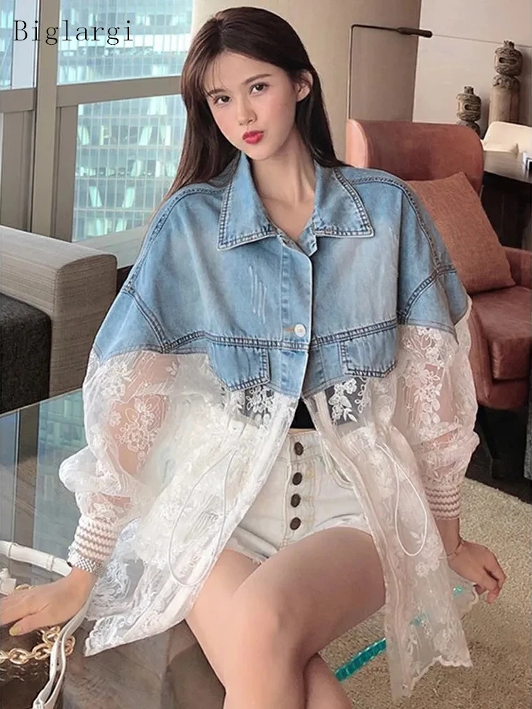 

Denim Lace Pacthwork Jacket Women Coat 2022 Fashion Korean Style Jean Jacket Femme Coat Ladies Tops Spring Autumn Woman Clothes