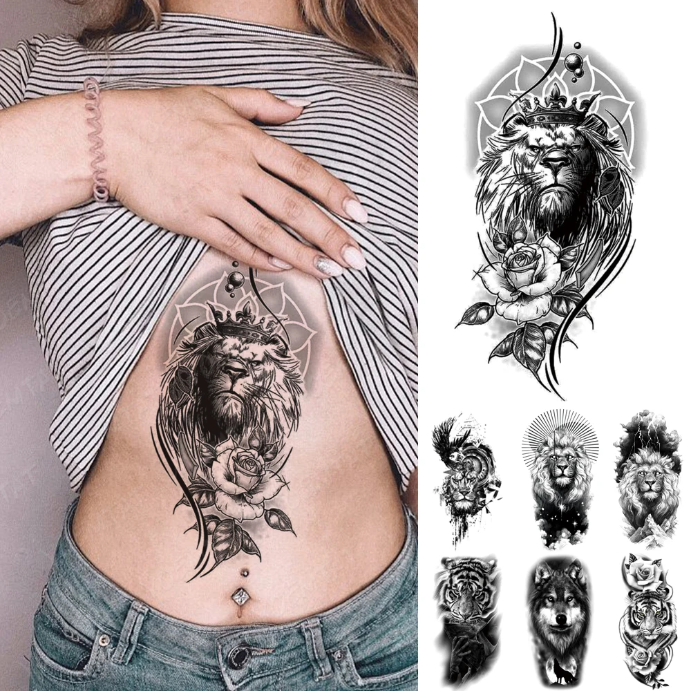

Водостойкая Временная тату-наклейка Crown Lion, линия розы, волк, тигр, леопард, искусственная татуировка на руку для мужчин и женщин