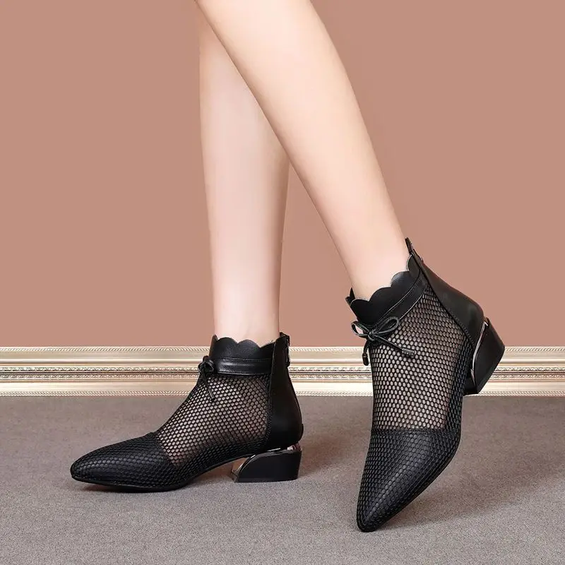 

black ankle boots mid-heeled ladies mesh sexy ankle boot for summer 2023 breathable pointed toe loafers female botas