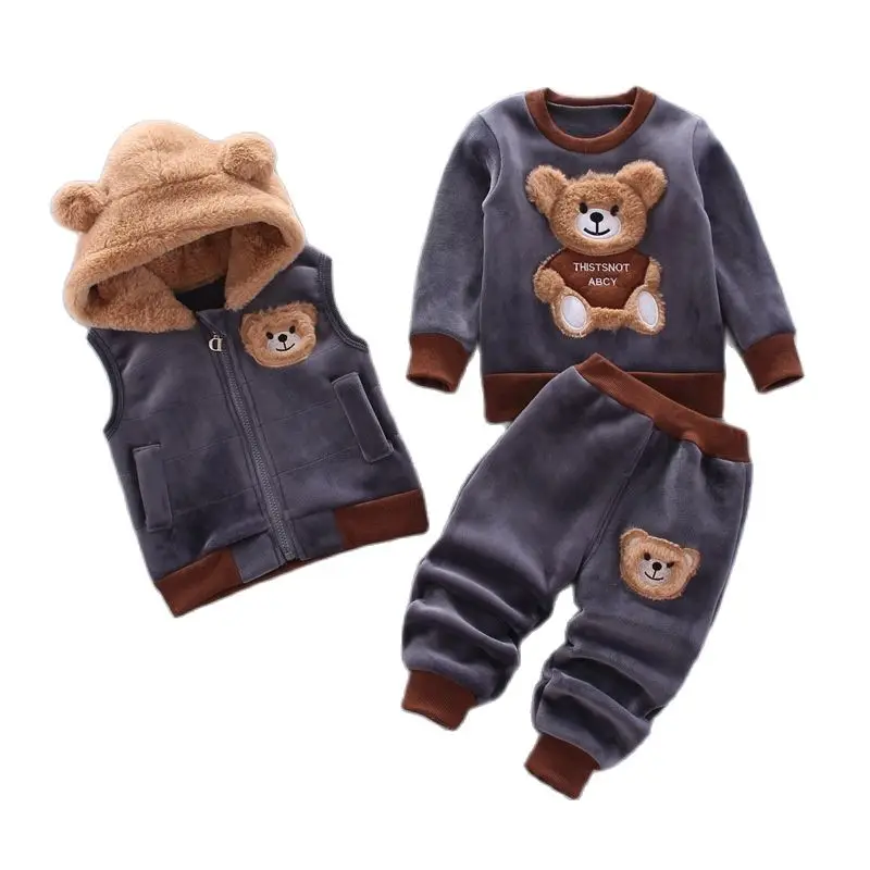 

Baby Boys And Girls Clothing Set Tricken Fleece Children Hooded Outerwear Tops Pants 3PCS Outfits Kids Toddler Warm Costume Suit