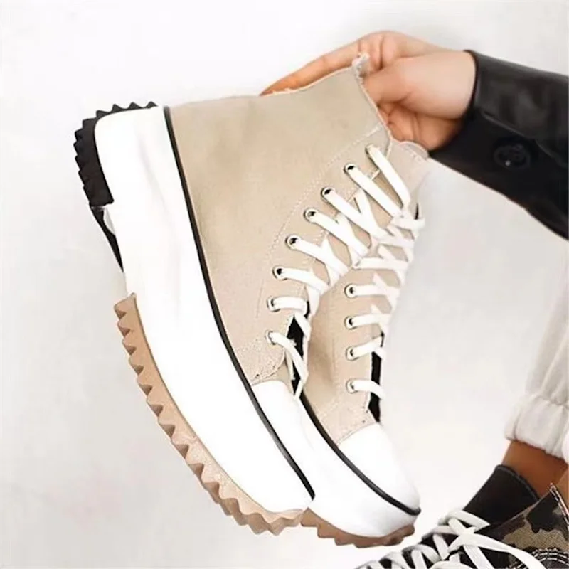 2023 New Thick Sole Mid Heel Women's Shoe Gear Train Mid Top Large Casual Canvas Shoes Breathable and Comfortable