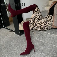 fansaidi winter high heels pure color consice burgundy over the knee boots stilettos heels ladies boots 40 41 42