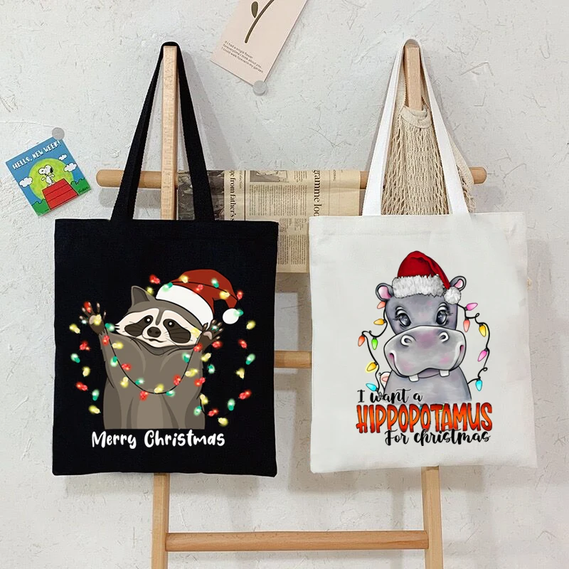 

Women Canvas Tote Bag Raccoon Merry Christmas Graphics Shopping Bag Students Xmas Shoulder Bag Eco Christmas Women Handbags