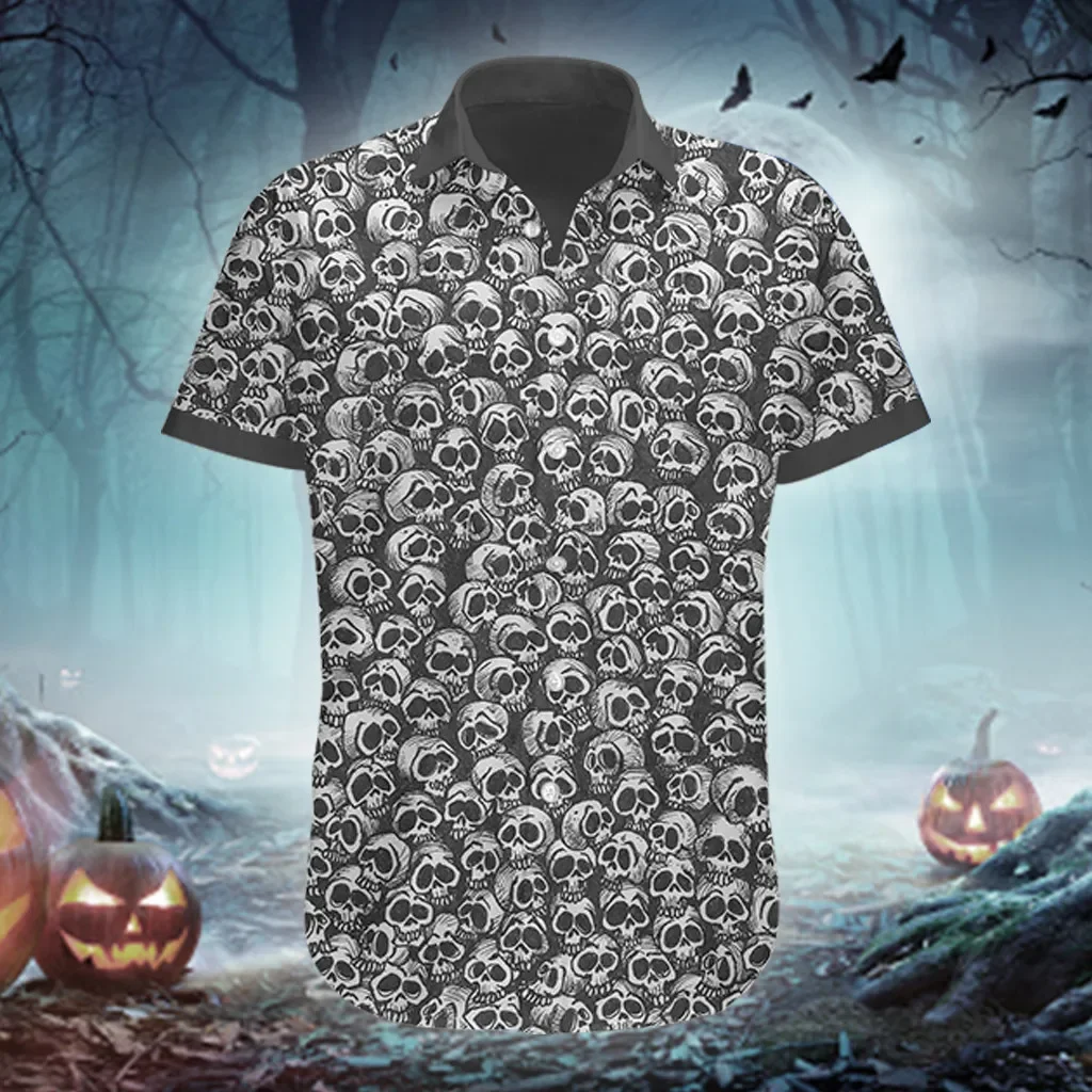 PLstar Cosmos Skull Pattern Черно-белая мужская гавайская рубашка с 3D принтом на Хэллоуин