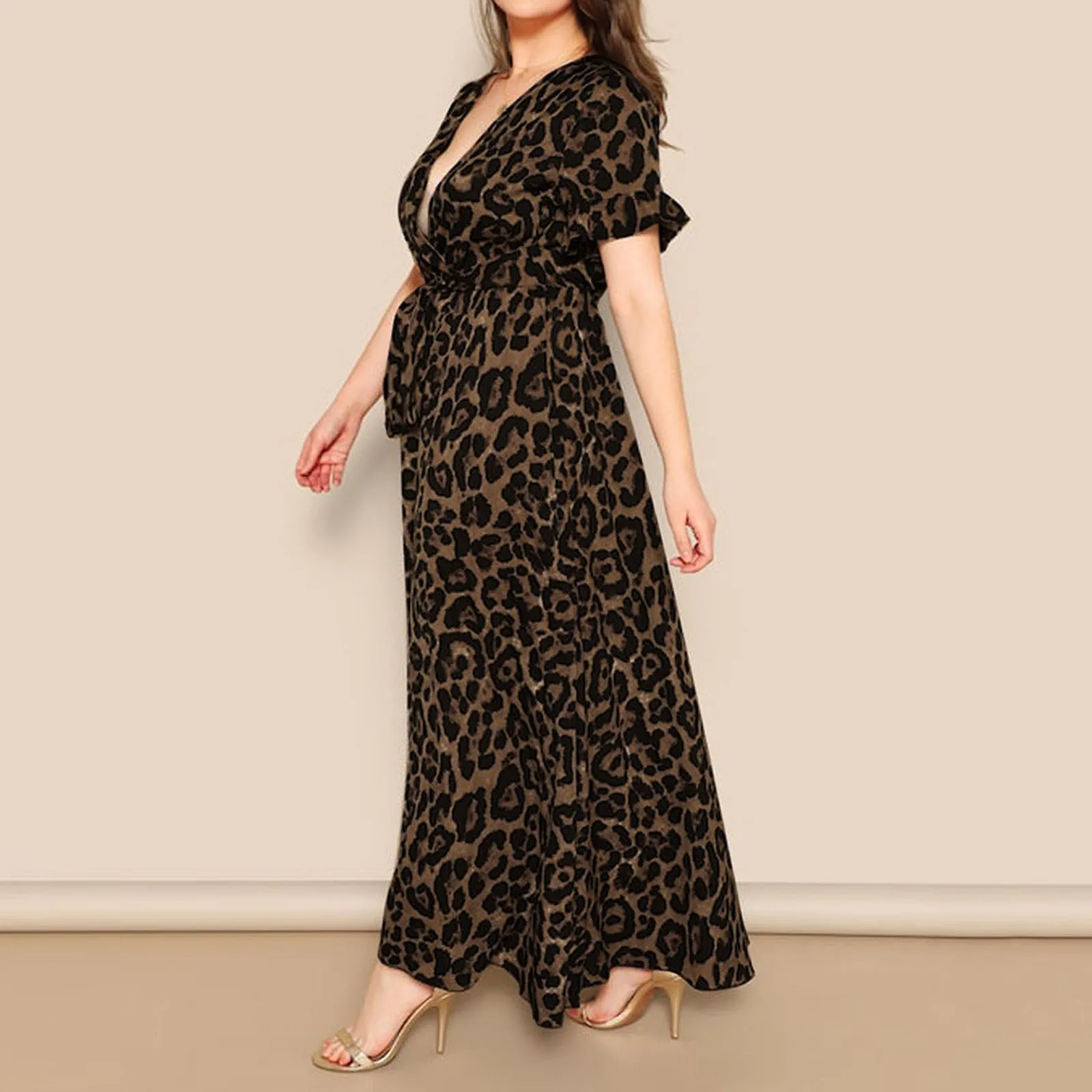 

Женское леопардовое Платье макси с запахом, длинное платье с глубоким V-образным вырезом и поясом с высокой талией, юбка с оборками для будущ...