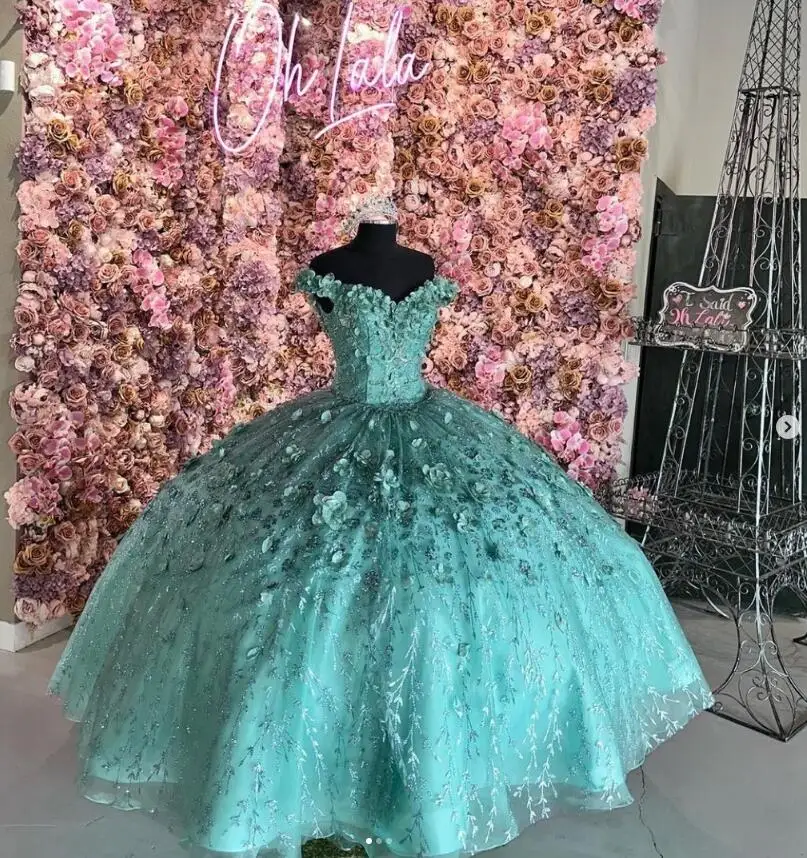 

Мятно-зеленые платья принцессы с накидкой, с открытыми плечами, с 3D цветочной аппликацией, со шнуровкой, корсет, платья 15 quinceañera