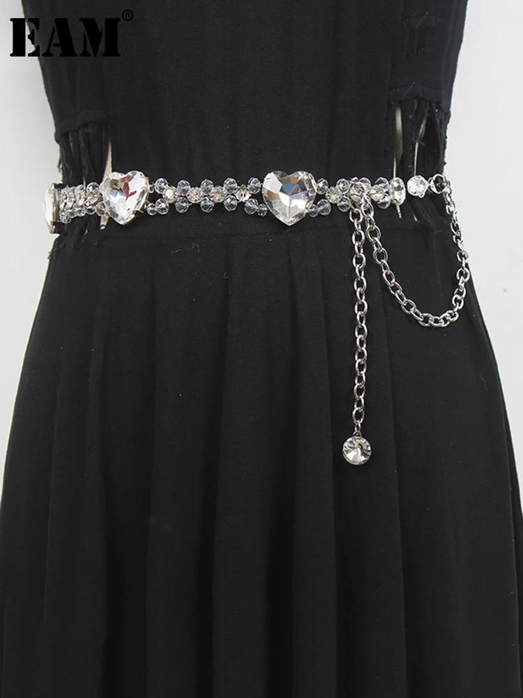 

[EAM] Pu Leather Rhinestones Metal Chain Long Belt Personality Women New Fashion Tide All-match Spring Autumn 2022 1DE7902