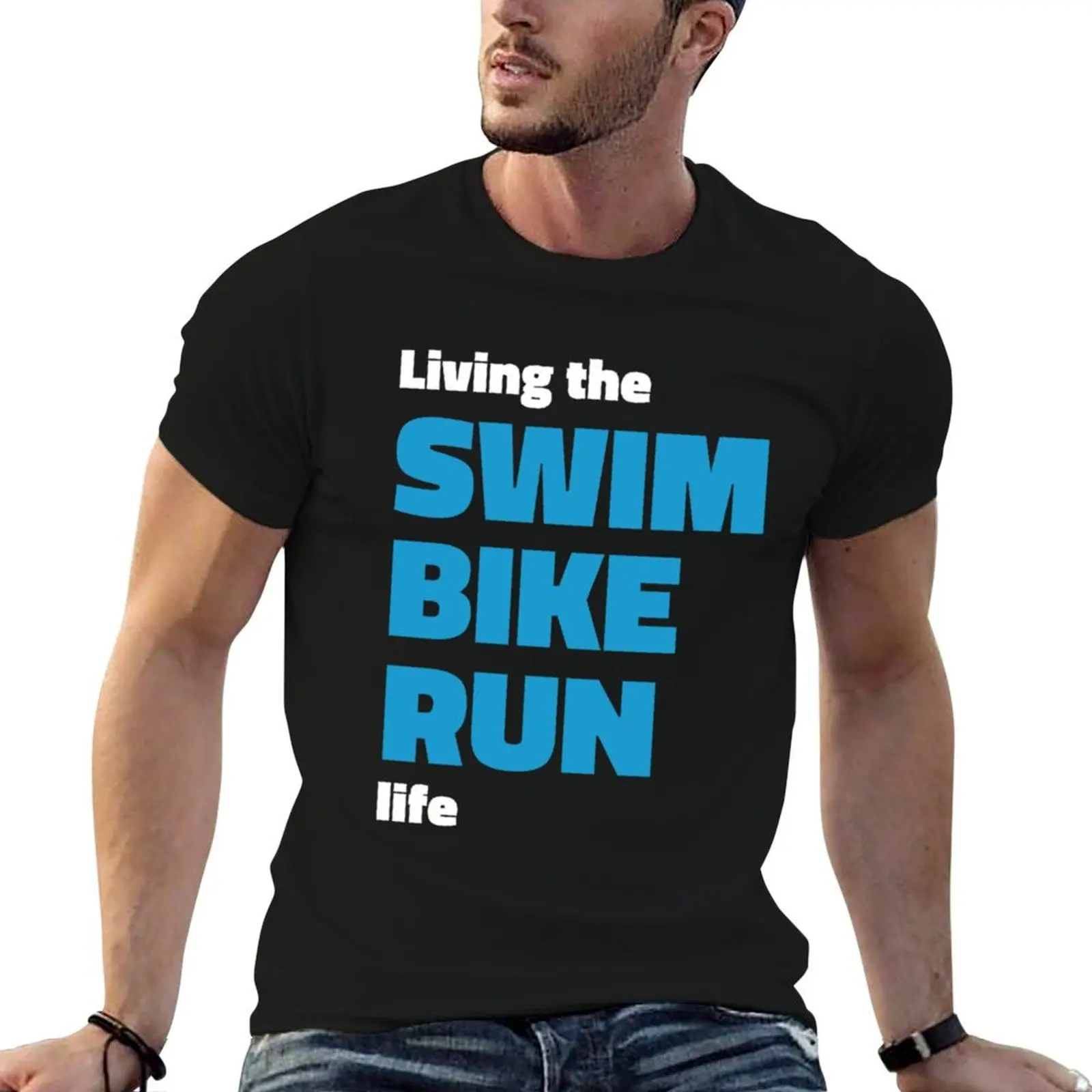 Фото Футболка Living the SWIM BIKE RUN для триатлона, мужские футболки для мужчин, мужские футболки, хлопковая футболка №1