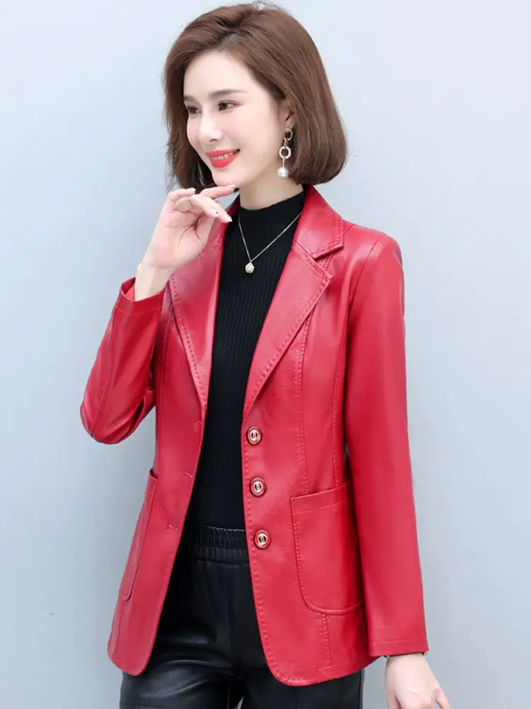 New Women Sheepskin Blazer Spring Autumn Fashion Suit Collar Long Sleeve Slim Waist Leather Jacket Split Leather Short Coat