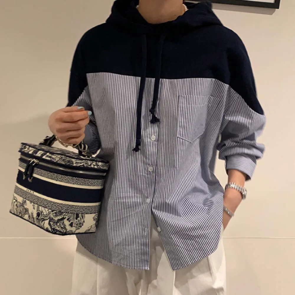 

Блузка женская трикотажная с капюшоном, свободная рубашка в полоску с длинными рукавами, модный однобортный Топ, повседневная одежда в Коре...