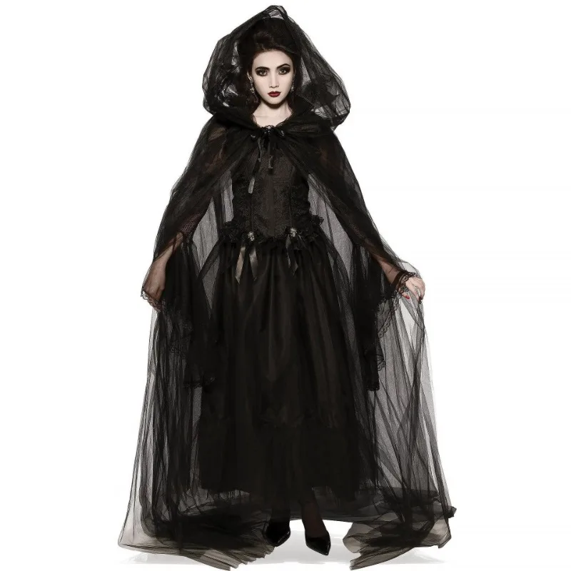 

Halloween Ghost Bride Witch Role-playing Costume Black Dress Set with Thin Gauze Cloak Gloves Cosplay Party Adult Fancy Dress