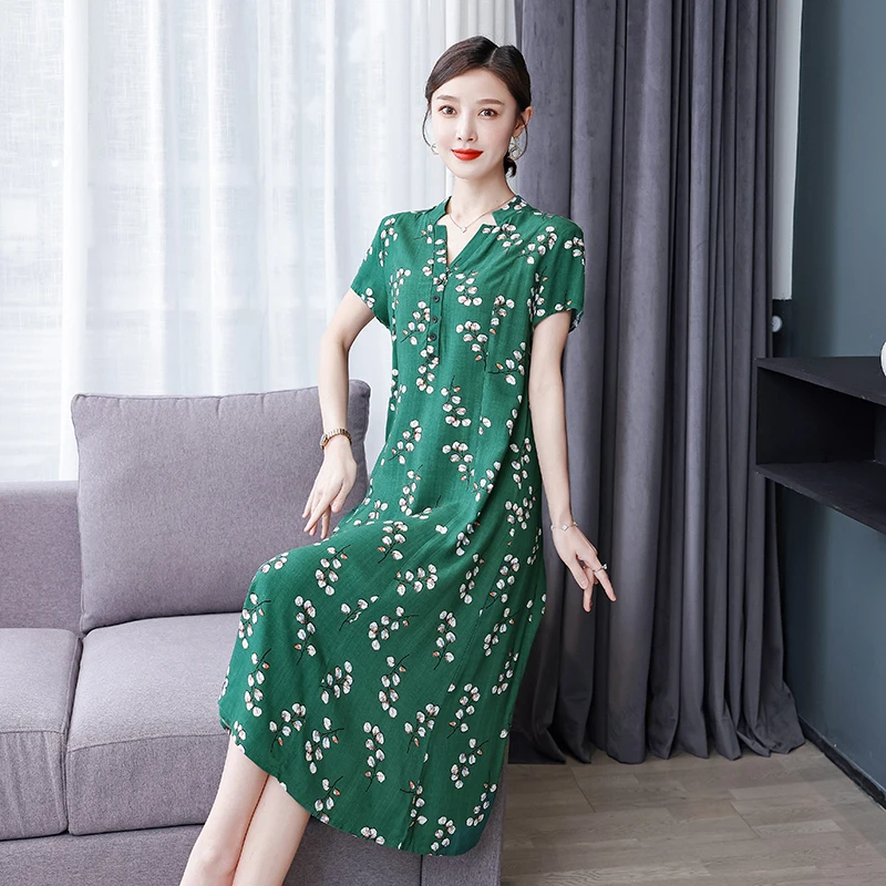 

Новинка 2022, летние платья с короткими рукавами, женское платье с v-образным вырезом, платье для мамы средней длины 5XL размера плюс, винтажное ...