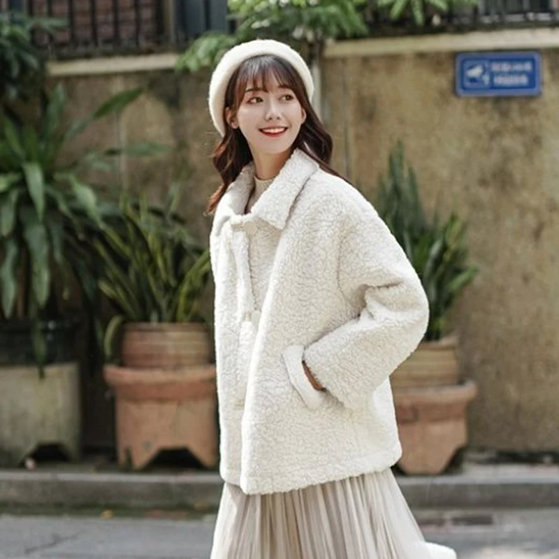 Faux Fur Thicken Coat with Bag for Women Warm Soft Loose Lamb Fur Jacket Female 2021 Winter Kawaii Overcoat Cute Button Plush