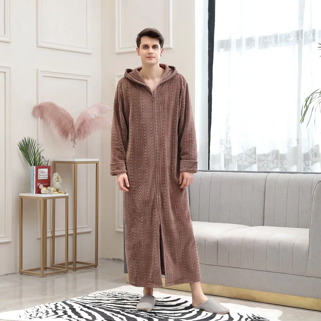 

2023 Men'S Thickened Home Hooded Nightgown Couples Men'S Lengthened Bathrobe Zipper Home Clothes Long Sleeved Robe Coat Bata