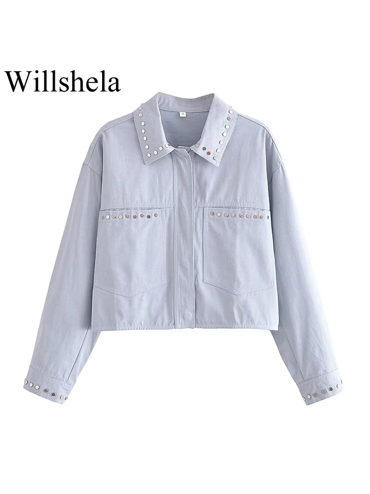

Willshela Women Fashion With Pockets Blue Single Breasted Jackets Vintage Lapel Neck Long Sleeves Female Chic Lady Outfits