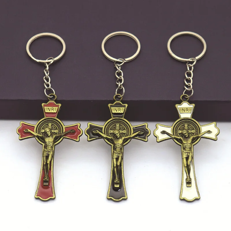 

Vintage Jesus Cross Saint Keychain for Women Men St. Benedict Car Key Holder Catholic Jewelry Christianity Pray Gift Wholesale